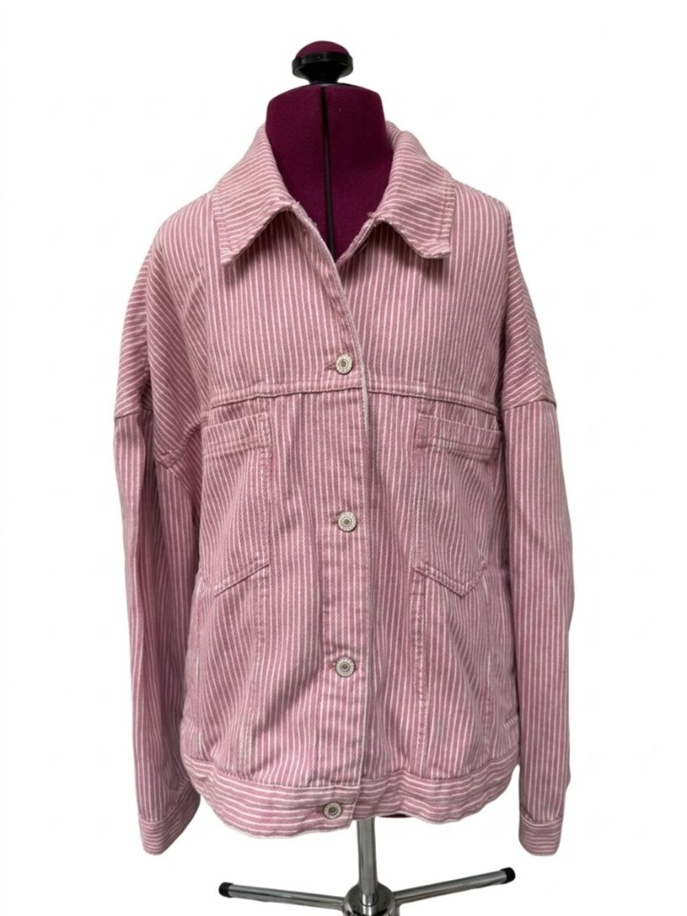 Free People We the Free Opal Swing Denim Railroad Jacket Pink Pinstripes Size S